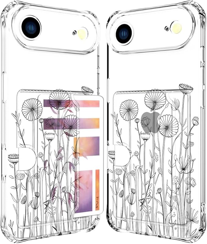 Compatible with iPhone 17 Air Case Card Holder for Women Cute Design,Wallet Phone Cases Transparent Cool Kawaii Protective (Clear Black Flower Bouquet)