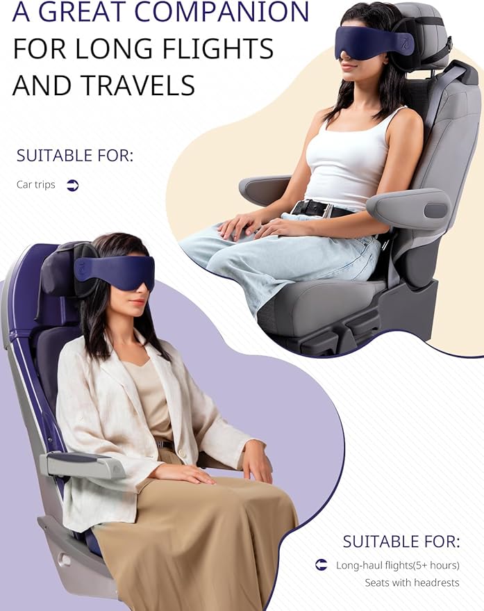Travel Pillow, Airplane Neck Pillow with 3D Eye Mask for Sleeping, Round Edge Plane Head Strap 360°Headrest Support for Long Flight, Stop Bobblehead, Travel Essential for Car Road Trip Black