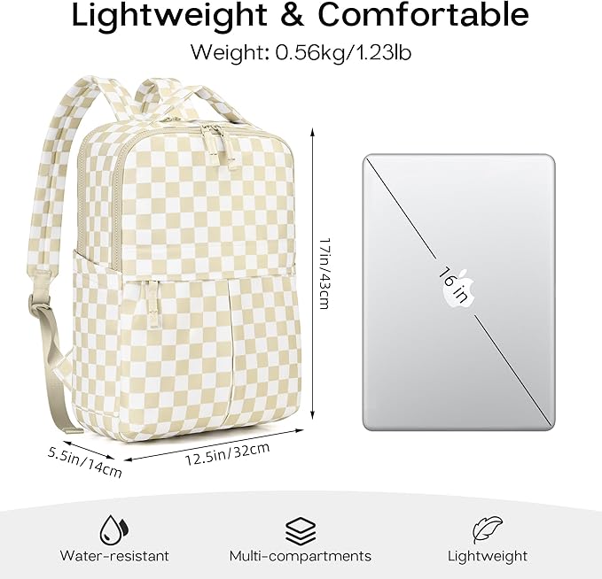 Checkered Backpack for Women Fashion Backpacks with Laptop and Multi Compartment for Travel and Work Beige Check