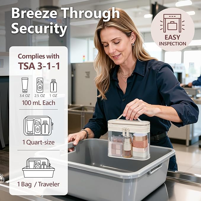 PACKISM TSA Approved Toiletry Bag 2 Pack - Quart Size Clear Makeup Bag with Handle & Dual Metal Zippers, Large Opening 3-1-1 Airline Compliant Security Travel Organizer for Carry On Liquids, Beige