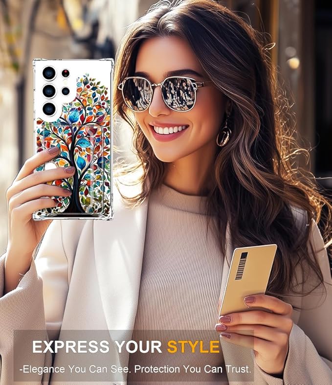 Compatible with Samsung Galaxy S24 Ultra Case Card Holder for Women Cute Design,Wallet Phone Cases Transparent Cool Kawaii Protective (Clear Tree Colorful Leaves)