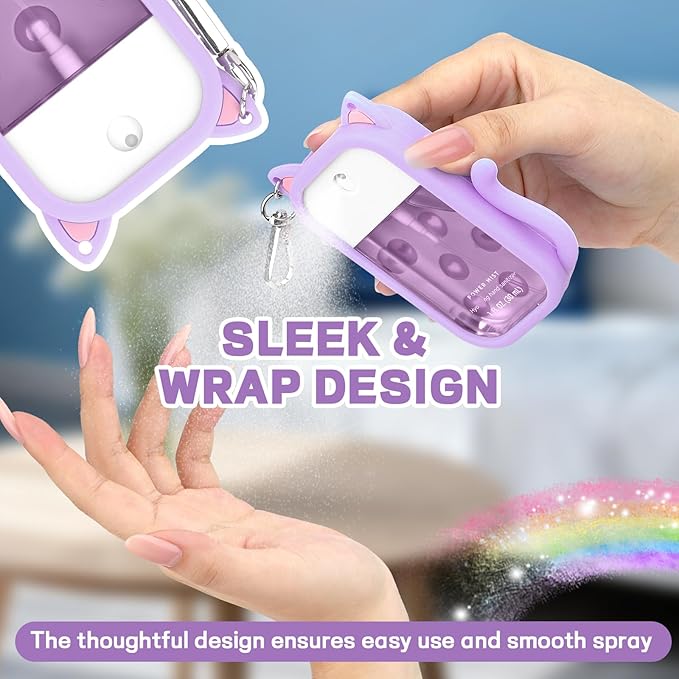 Cute Cat Silicone Case Compatible with Touchland Hand Sanitizer Spray,Portable Power Mist 1 FL OZ/30ML Sanitizer Holder for Touchland with Keychain & 4 Charms Touchland Keychain Holder(1 PCS Purple)