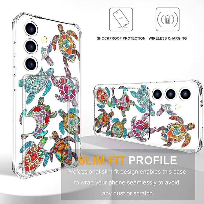 Compatible with Samsung Galaxy S24 / S25 Case Card Holder for Women Cute Design,Wallet Phone Cases Transparent Cool Kawaii Protective (Clear Sea Turtles Animal Tribal)