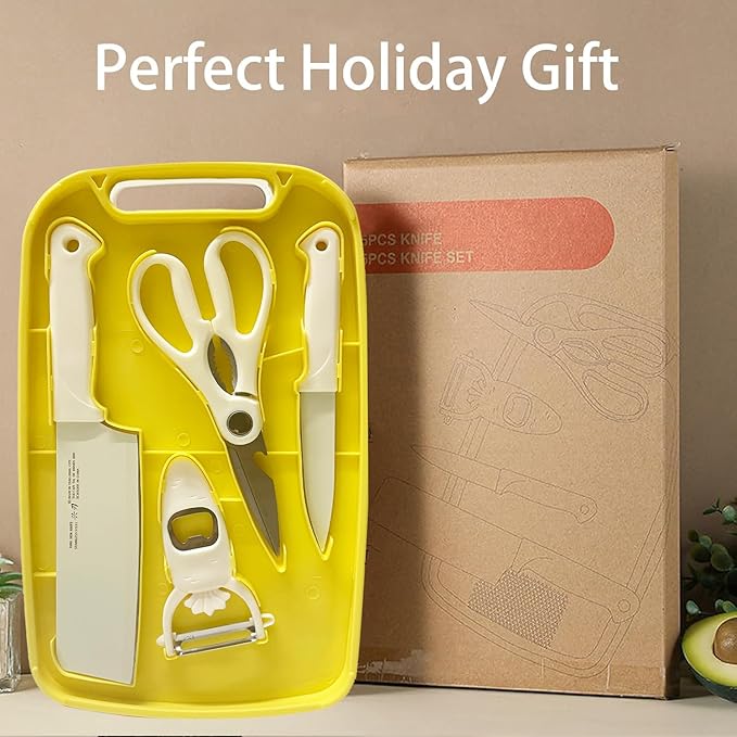 Cutting Board and Knife Set, 5 In1 Travel Cutting Boards And Knife Travel Cutting Board Kitchen Scissors and Peeler For Kitchen (Yellow)