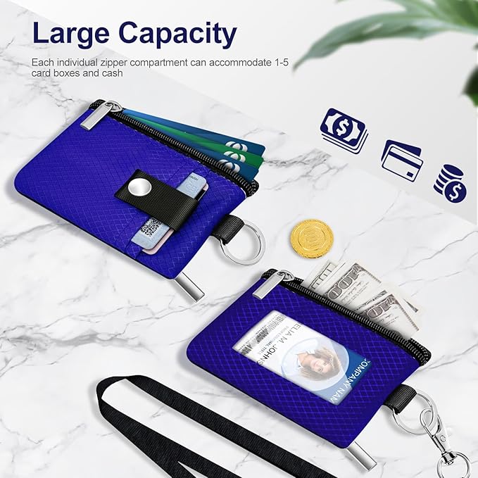 Minimalist RFID Blocking Small Wallet with ID Window,WaterResistant Zip Id Case Wallet with Lanyard Keychain for Cards,Cash,Travel,Women,Men (Sapphire Blue)