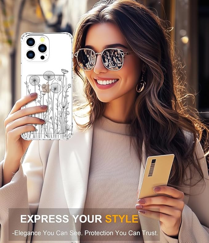 Compatible with iPhone 16 Pro Max Case Card Holder for Women Cute Design,Wallet Phone Cases Transparent Cool Kawaii Protective (Clear Black Flower Bouquet)