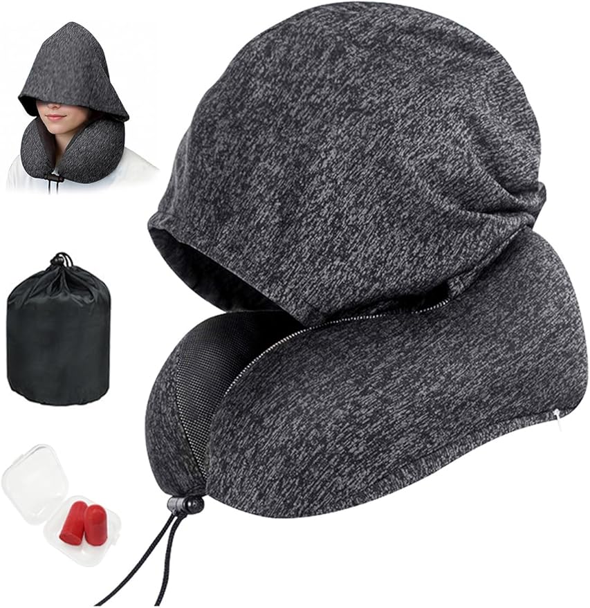 Travel Neck Pillow with Hood Memory Foam Sleeping Airplane Pillows Long Flight Neck Support Plane Essentials Grey