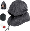 Travel Neck Pillow with Hood Memory Foam Sleeping Airplane Pillows Long Flight Neck Support Plane Essentials Grey