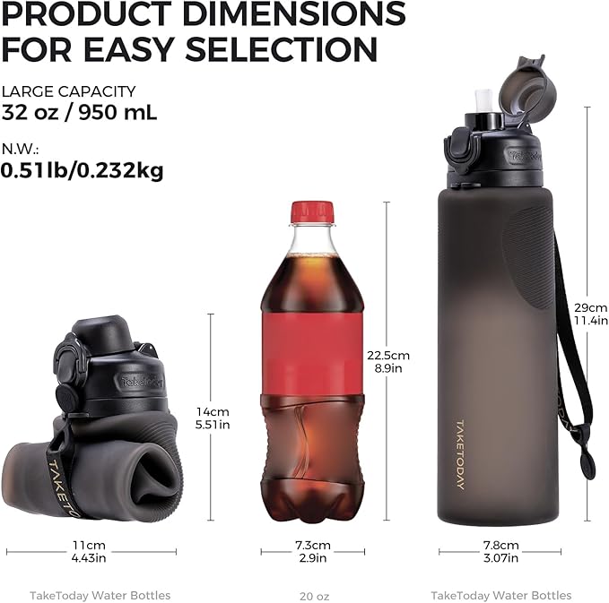 TakeToday Collapsible Water Bottles 32oz, Foldable Travel Bottle, TSA-Approved Leakproof Newly Silicone Water Bottle for Hiking, Travel, Outdoors, Blue