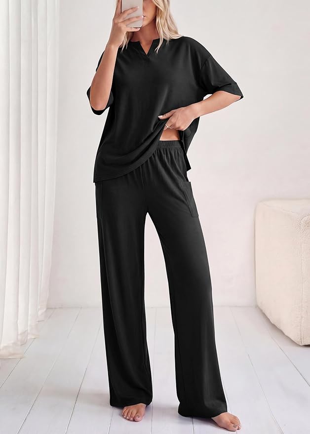 KIRUNDO Womens 2 Piece Matching Lounge Set Airport Travel Vacation Summer Outfits Oversized Short Sleeve Tops Wide Leg Pants