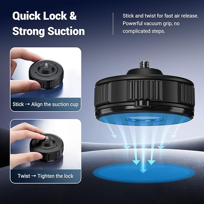JJC Portable Camera Suction Cup Mount with 1/4" Male Screw, Twist-Lock Vacuum Suction Mount Compatible with DJI Pocket 4/3, Action 6, Gopro Hero 13/12, Insta360 X5 & Phones for Video Recording Filming
