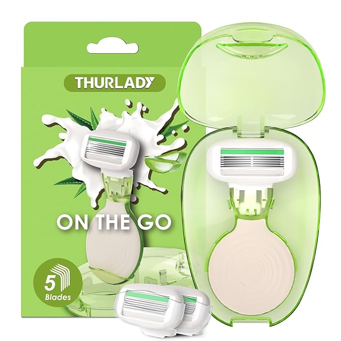 Travel Essentials Razors for Women, 5-Blade Womens Razors for Shaving, Travel Size Toiletries Women Razor Kit, Includes 1 Mini Handle with 3 Refills & 1 Case, Extra Smooth Shave (Grass Green)