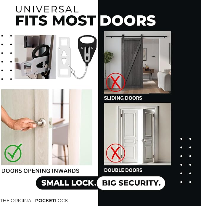 Portable Door Lock + Door Stop Alarm Set – Travel Safety Kit for Hotel Rooms, Home, Dorms & Apartments – (Black, 2-Pack - 2 Locks + 2 Alarms)