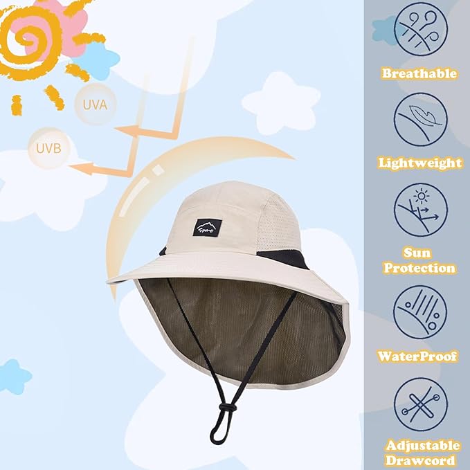 Outdoor Kids Sun Hat with Neck Flap UPF 50+ Quick Dry Beach Hats for Baby Boys Girls Age 2-12 Years Adjustable