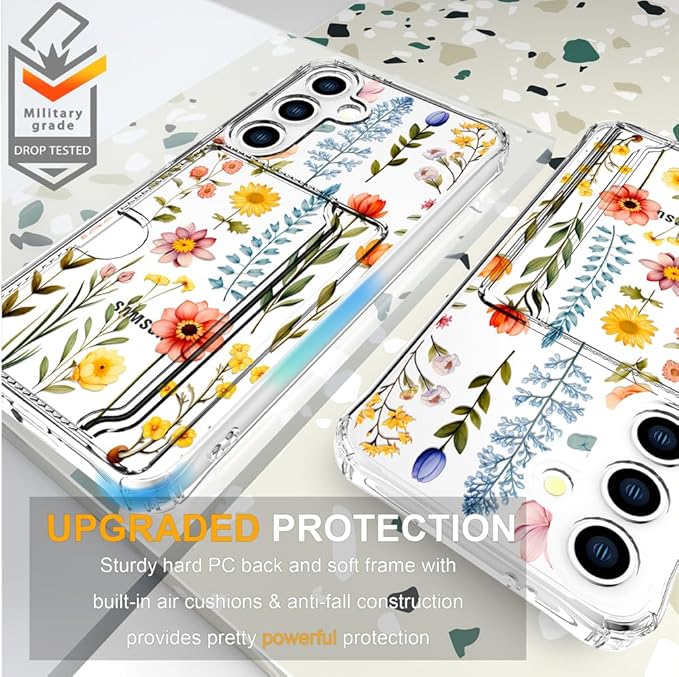 Compatible with Samsung Galaxy S24 / S25 Case Card Holder for Women Cute Design,Wallet Phone Cases Transparent Cool Kawaii Protective (Clear Multicolored Flowers Branches)