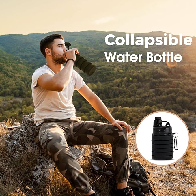 Collapsible Water Bottle for Adults, Boys, Students, Kids, Reusable Silicone Foldable Water Bottles for Travel Camping Hiking, Portable Sports Water Bottle, Black