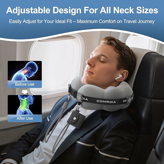 Travel Neck Pillow for Airplane Sleeping – 360° Head Support Prevents Bobbing, 100% Memory Foam Ergonomic Neck Cushion with No-Case-Needed Carry Strap for Long Flights & Car – Washable Cover (Grey)