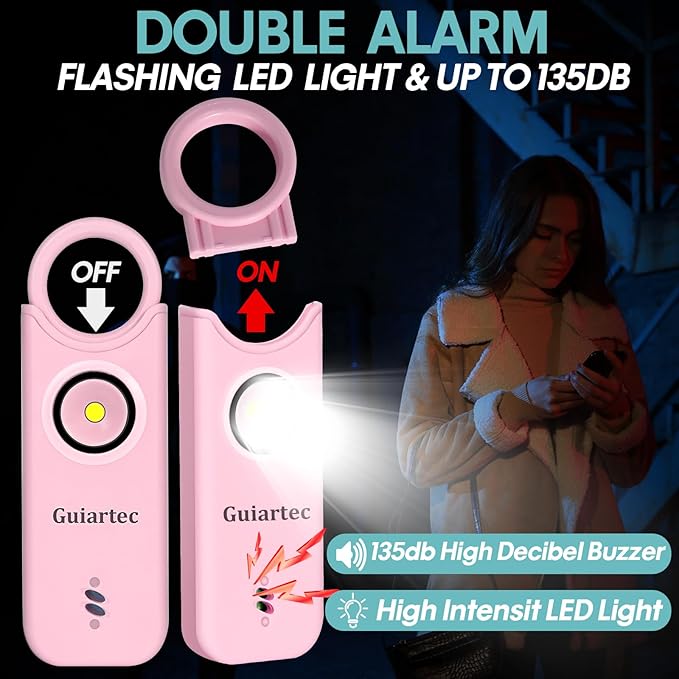 Rechargeable Personal Safety Alarm for Women, 135 dB Loud Self Defense Keychain Siren with LED Strobe Light, Personal Emergency Security Safe Devices Key Chain Alarms for Women Kids Elderly (Pink)
