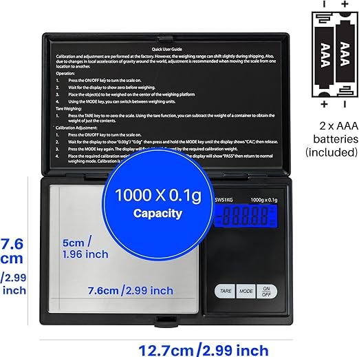 Smart Weigh Digital Pocket Scale – 1000g x 0.1g Precision – Ideal for Jewelry, Food, Herbs, and Medicine – Stainless Steel Platform with Protective Cover – Black (Battery Included)
