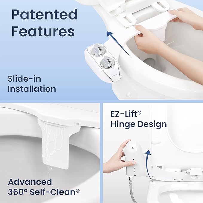 LUXE Bidet NEO 185 Plus - Dual Nozzle, Non-Electric Bidet Attachment for Toilet Seat, Patented Slide-In Install, 360° Self-Clean, EZ-Lift to Clean, Feminine & Rear Wash (Chrome)