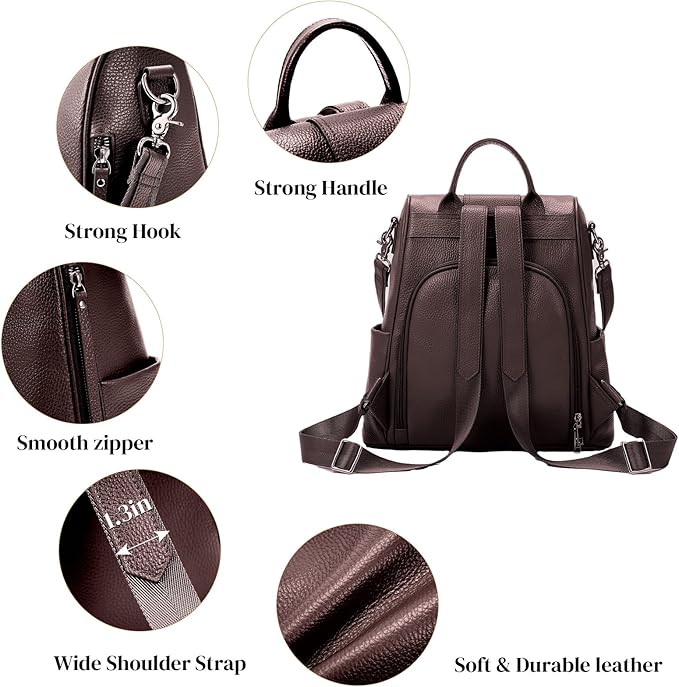 Leather Backpack Purses, Anti-theft Genuine Leather Backpack Bags for Women, Large Capcacity Fashion Convertible Shouler Bags for School Travel Daily