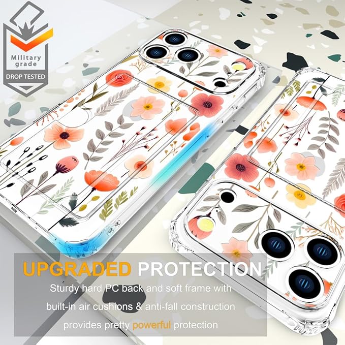 Compatible with iPhone 17 Pro Case Card Holder for Women Cute Design,Wallet Phone Cases Transparent Cool Kawaii Protective (Clear Flowers Leaves)