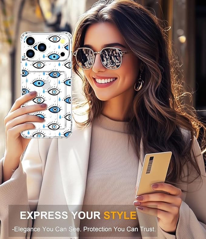Compatible with iPhone 17 Pro Max Case Card Holder for Women Cute Design,Wallet Phone Cases Transparent Cool Kawaii Protective (Clear Blue Evil Eyes)