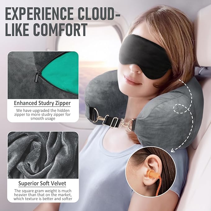 Travel Neck Pillow Stuffable with Clothes, Stuffable Neck Pillow for Travel, Packable Fillable Storage Bag for Airplane Travel, Soft Velvet Neck Pillow Case Cover
