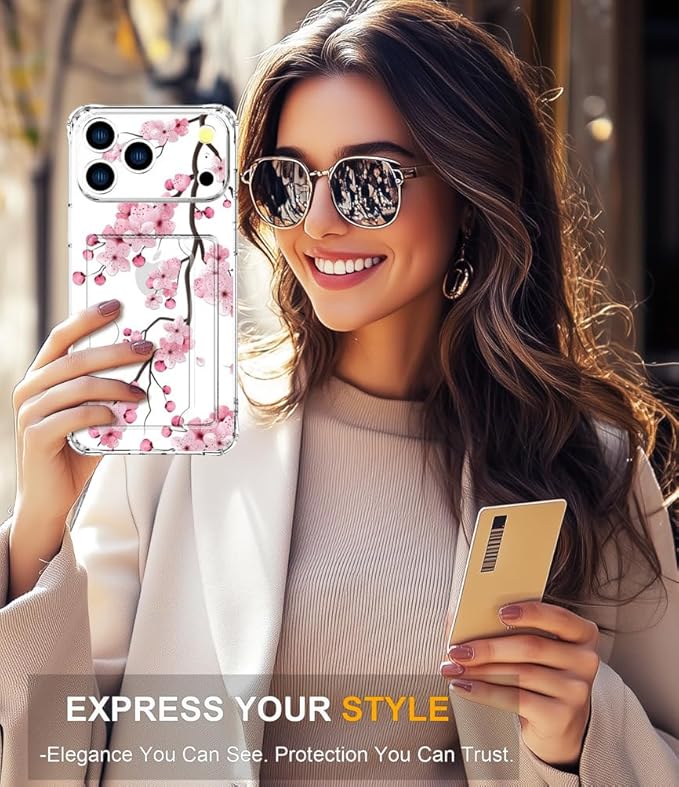 Compatible with iPhone 17 Pro Case Card Holder for Women Cute Design,Wallet Phone Cases Transparent Cool Kawaii Protective (Clear Sakura Peach Cherry)