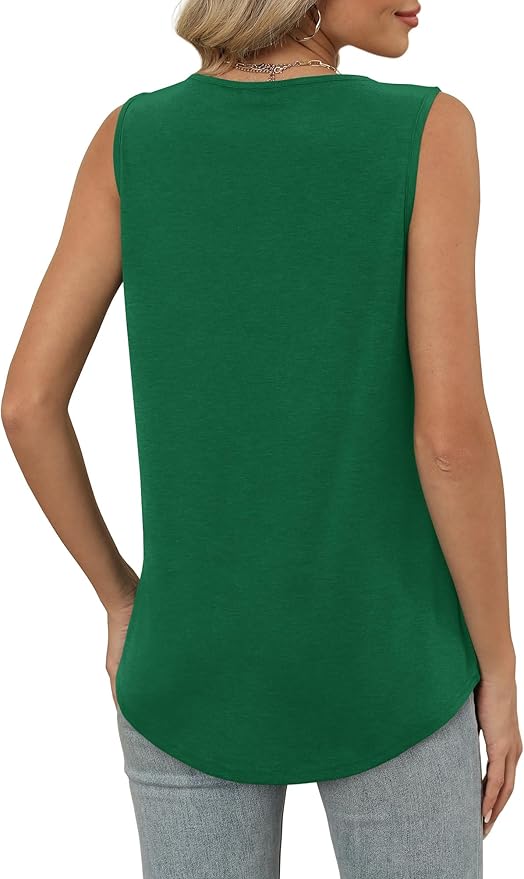 OFEEFAN Tank Top for Women Loose Fit Sleeveless Shirts V Neck Summer Clothes Ruched Women's Tees and Tanks Curved Hem