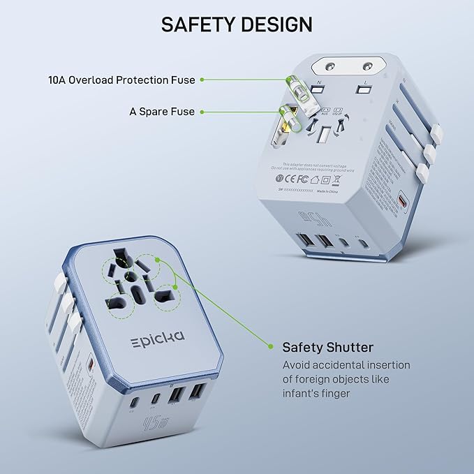 EPICKA Universal Travel Adapter GaN 45W, European Travel Plug Adapter with PD&QC Fast Charging(2 USB-A & 3 USB-C Ports) - Worldwide Travel Essentials, International Power Adapter for UK/US/AU