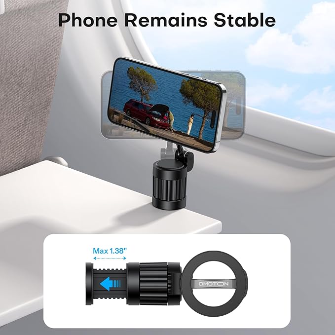 OMOTON 360°Rotating Magnetic Airplane Phone Holder Mount, for Magsafe Airplane Travel Essentials Accessories, Adjustable Foldable Universal Handsfree Phone Stand for iPhone 17 16 15 14 Pro Max Air