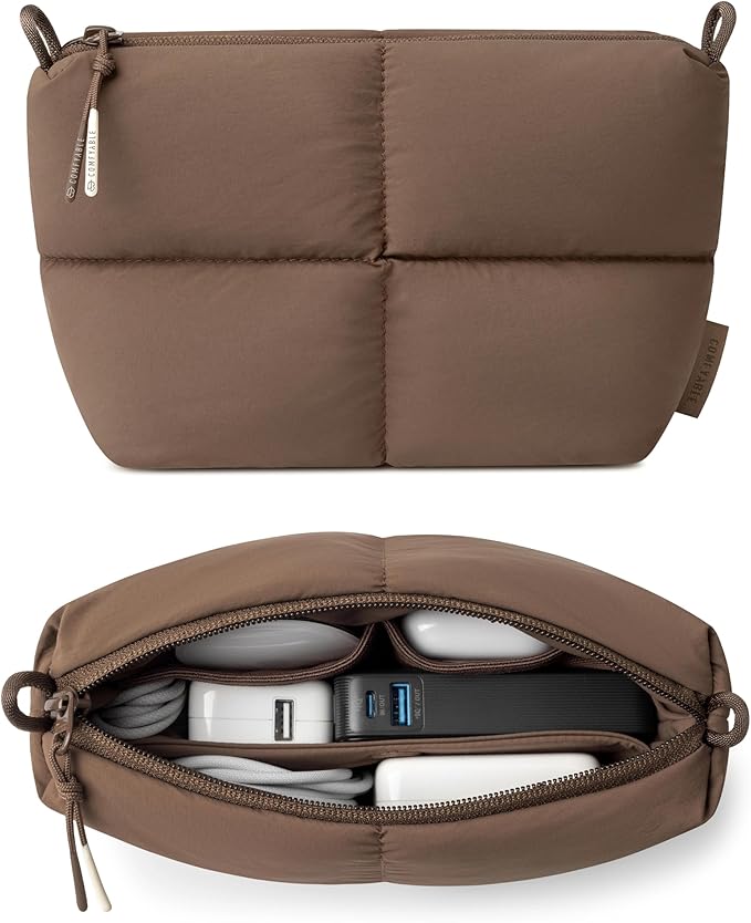 Comfyable Puffy Electronics Organizer Travel Case, Cute Tech Pouch for Women Men, Cable Storage Bag for Charger, Phone, Power Bank, Cord, Compact Tech Accessories Pouch, Mocha Brown