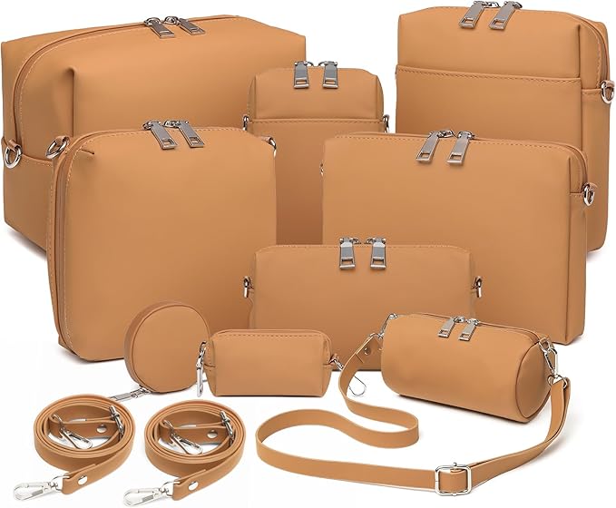 Joyway 10-Piece Travel Makeup Bag Set – Large Capacity Cosmetic Bags for Women & Girls, Waterproof Portable Toiletry Organizer with Adjustable Strap (Brown)