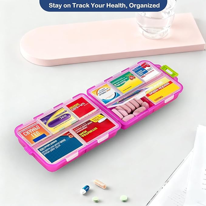 2026 New Extra Large Pill Box with Medicine Labels Travel Essentials Daily Med Container Mini Medication Organizer Storage Organizer Case 7 Day Pill Organizer(Pink+White+Grey)