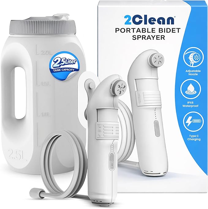 2Clean Portable Bidet - Travel & Home Use High Pressure Sprayer, USB Rechargeable Hygiene Device for Toilets with 2.5L Container, Variable Intensity, Lightweight Design, Wall Bracket Included