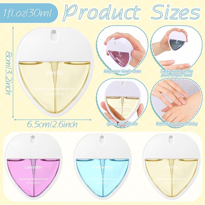 3 Pcs Power Mist Hydrating Hand Sanitizer Spray Bulk Travel Size Hand Sanitizer Pocket 1 Fl. oz Heart Shape Spray White Bottle for Daily Use Women Teacher Nurse Coworker Office Holiday Gifts