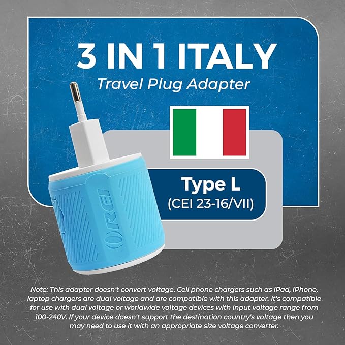 OREI Italy, Uruguay Travel Plug Adapter with Dual USB - Type L (U2U-12A), Will Work with Cell Phones, Camera, Laptop, Tablets, iPad, iPhone and More, Blue