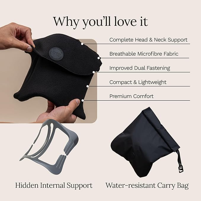 trtl Travel Pillow 2.0 – Scientifically Proven Super Soft Travel Pillow with Premium Head & Neck Support – for Airplane Travel – Machine Washable – Lightweight & Compact – Jet Black – Small