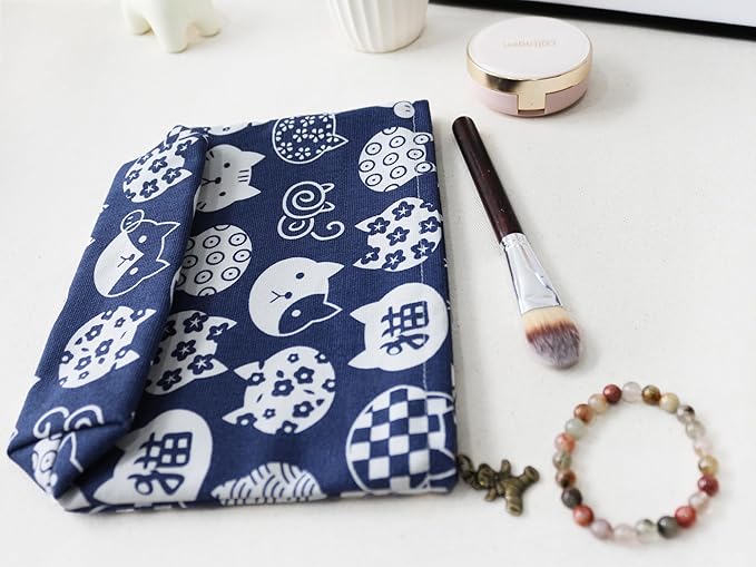 HAPPYHEIDI Canvas Makeup Bag, Cosmetic Travel Pouch, Kawaii Blue Cats, Cotton Blend, Animal Print, Zipper Closure, 7.1x2.4x7 Inches