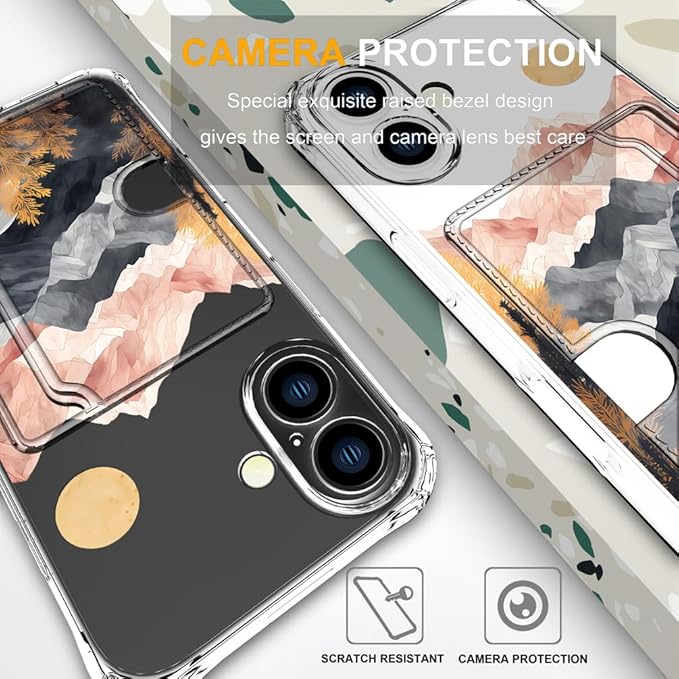 Compatible with iPhone 17 Case Card Holder for Women Cute Design,Wallet Phone Cases Transparent Cool Kawaii Protective (Clear Mountain Hill Landscape)