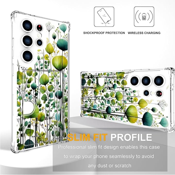 Compatible with Samsung Galaxy S24 Ultra Case Card Holder for Women Cute Design,Wallet Phone Cases Transparent Cool Kawaii Protective (Clear Green Flower Leaves Buds)