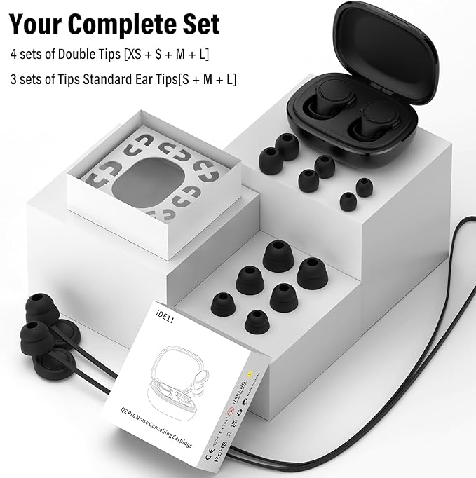 Ear Plugs for Sleeping Noise Cancelling - 35dB Reusable Ear Plugs with 7 Eartips and Carry Case - Flexible Hearing Protection - Replaceable Single/Double Eartips for Sleep, Focus, Travel, Work, Black