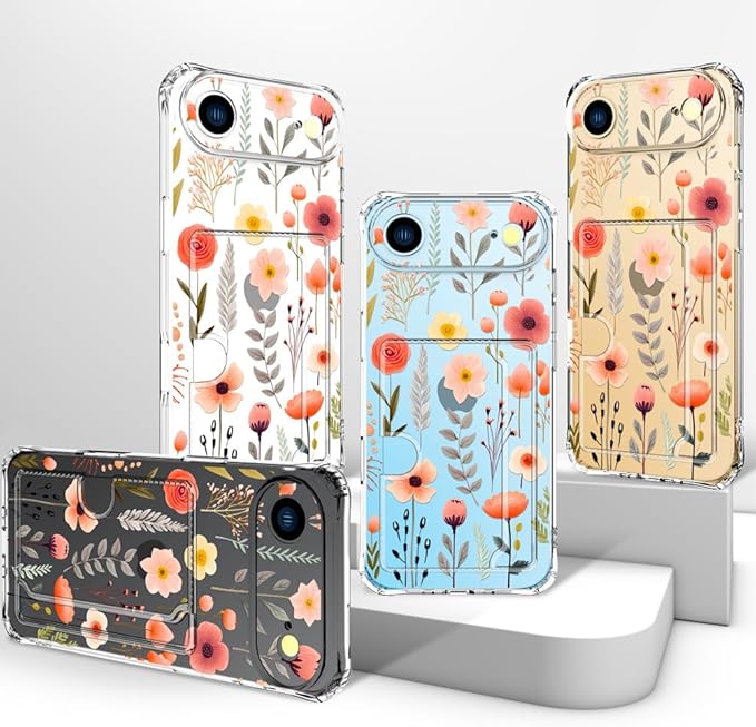 Compatible with iPhone 17 Air Case Card Holder for Women Cute Design,Wallet Phone Cases Transparent Cool Kawaii Protective (Clear Flowers Leaves)