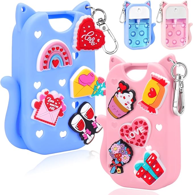 Mity rain Valentine Cat Silicone Case for Touchland Mist 1 FL OZ Hand Sanitizer Spray, Portable Travel Keychain with 10 Love Charms, Ideal Valentine’s Day Gifts for (Him/Her) your belove