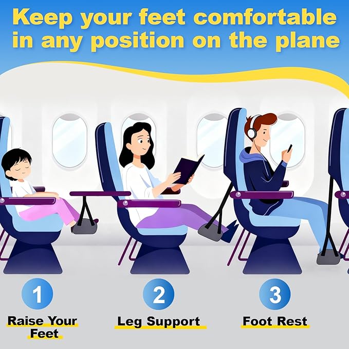 Airplane Foot Hammock for Plane Travel, Detachable Bamboo Airplane Foot Rest for Long Flight, Desk Foot Hammock Travel Essentials with Extended Adjustable Strap to Relax Your Feet - 2 Pack