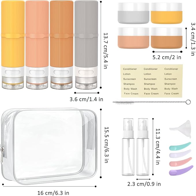 JessLab 16 Pack Travel Bottles for Toiletries, TSA Approved 3 oz/ 90 ml Travel Containers, Hangable Leak Proof Silicone Refillable Accessories for Shampoo, Conditioner, Lotion, Assorted Colors