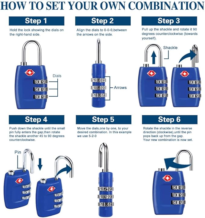 TSA Luggage Locks (4Pack) - 3 Digit Combination Padlocks - Approved Travel Lock for Suitcases & Baggage (Dark Blue)