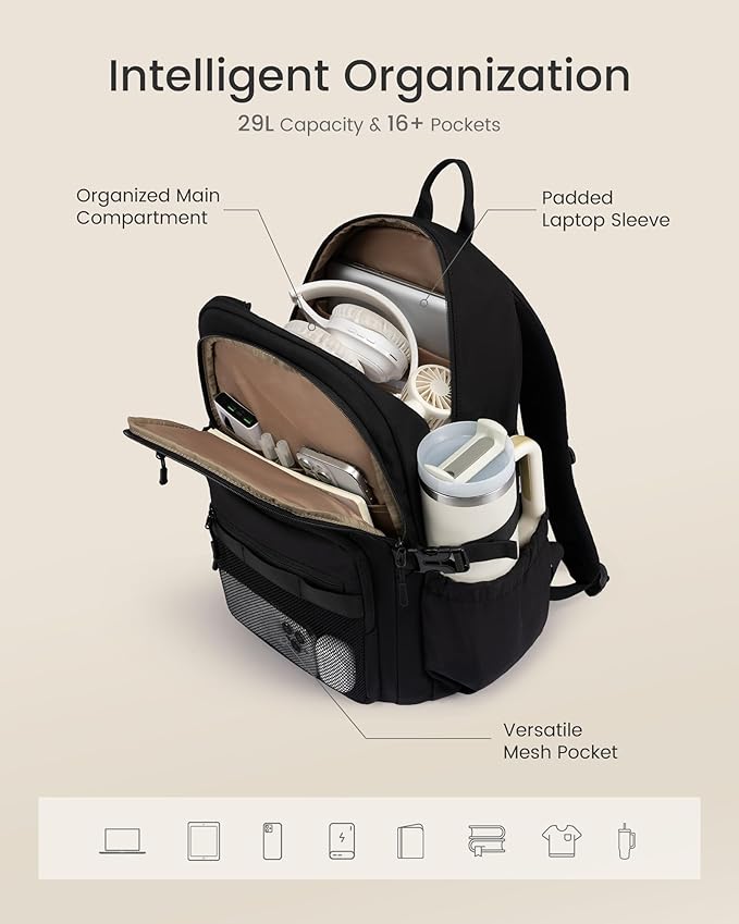 LOVEVOOK Laptop Backpack Women/Men with 40oz Cup Holder Buckle Strap, 17.3 Inch Tech-Ready Work Backpack, TSA-compliant for Travel & College with Versatile Mesh Pocket, Black