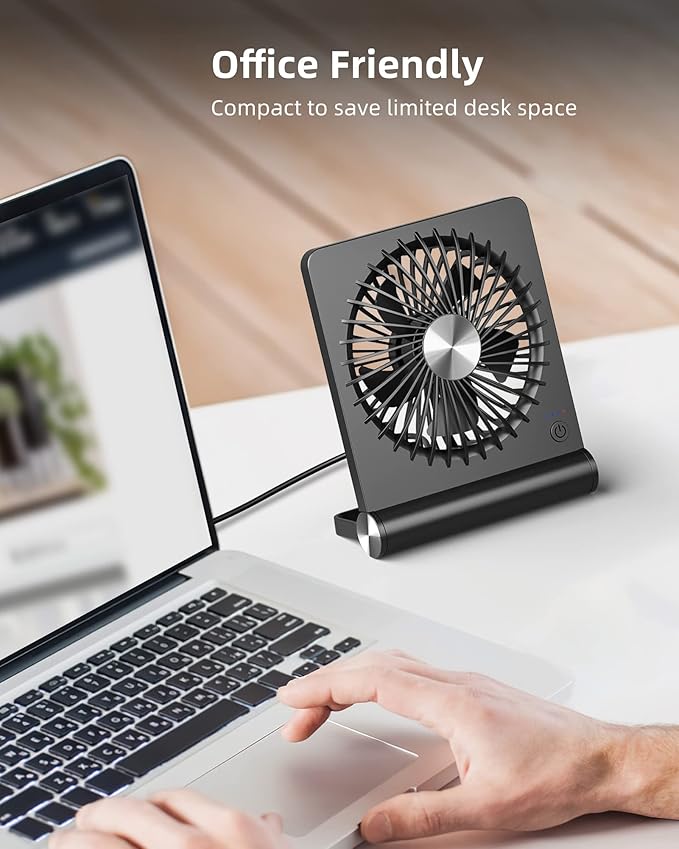 Koonie USB Fan, Strong Wind Ultra Quiet Small Desk Fan 220° Tilt Folding 3 Speeds Adjustable USB-C Powered Personal Fan for Home Office Desktop Black, NO BATTERY